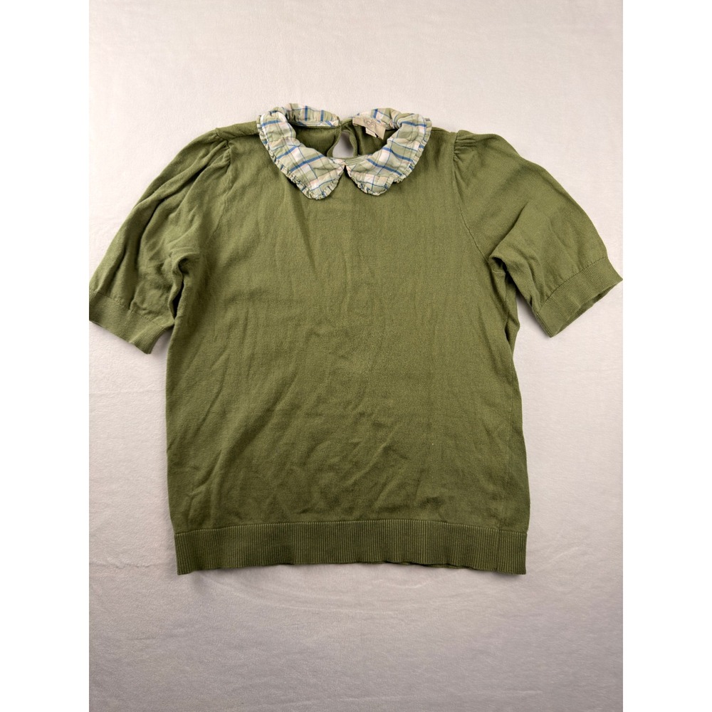 Loft Outlet Olive Green Short Sleeve Plaid Peter Pan Collar Cotton Sweater M